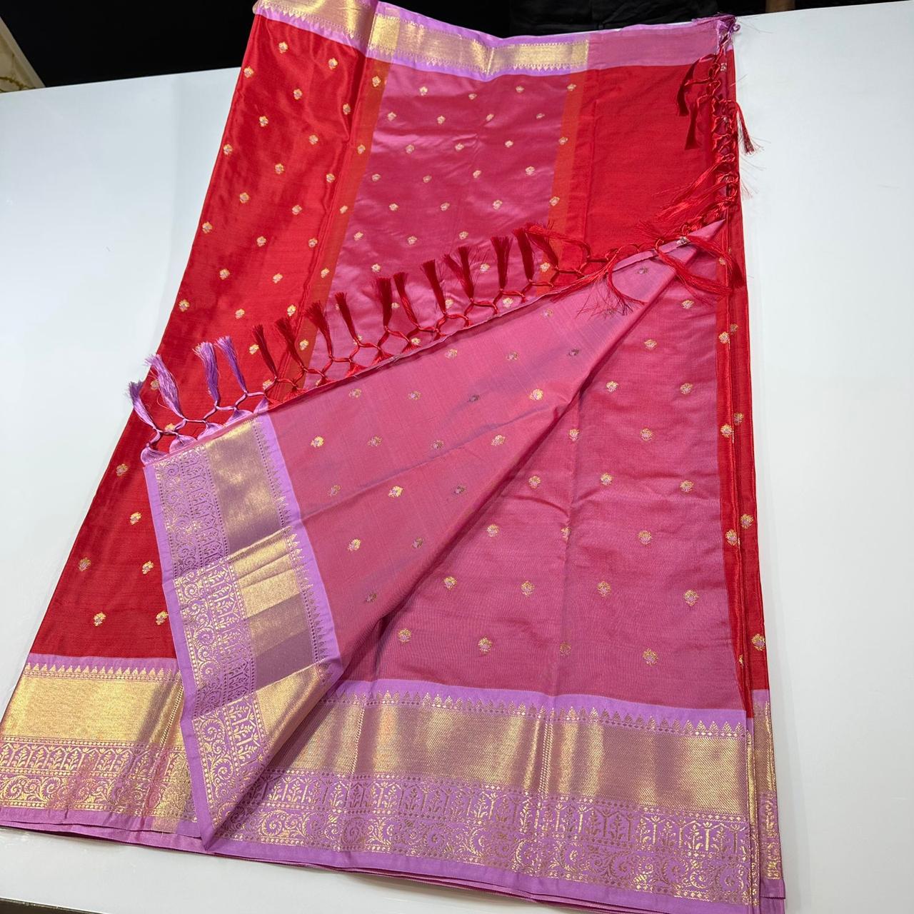 Red N Lavender Pink Semi Kanchi Silk Saree
