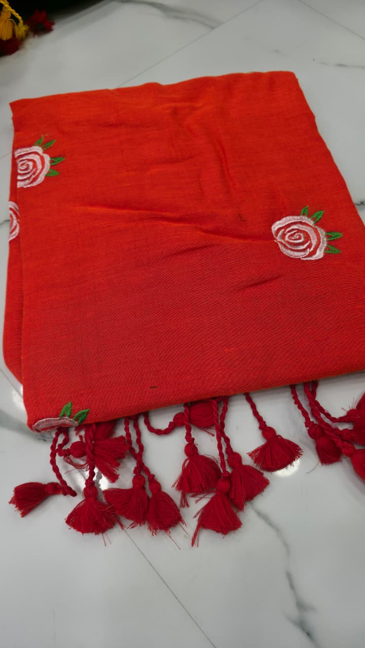 Red Rose Embroidered Mul Cotton Saree