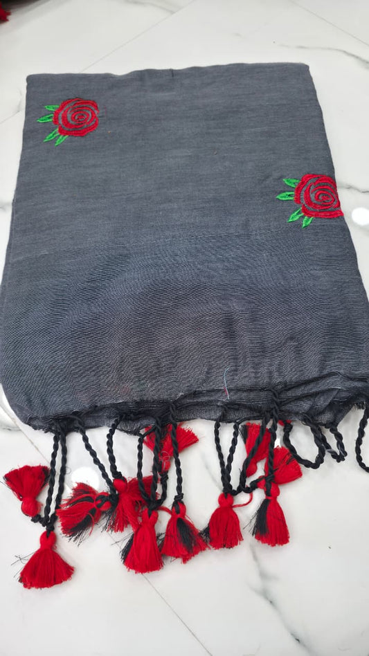 Grey Rose Embroidered Mul Cotton Saree
