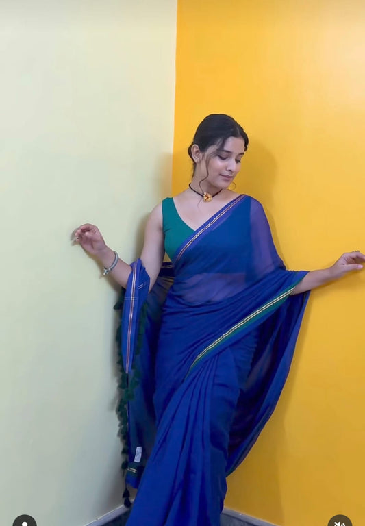Blue N Green Border Mul Cotton Saree