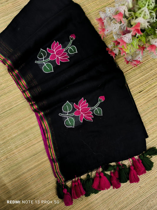 Black Embroidered Mul Cotton Saree