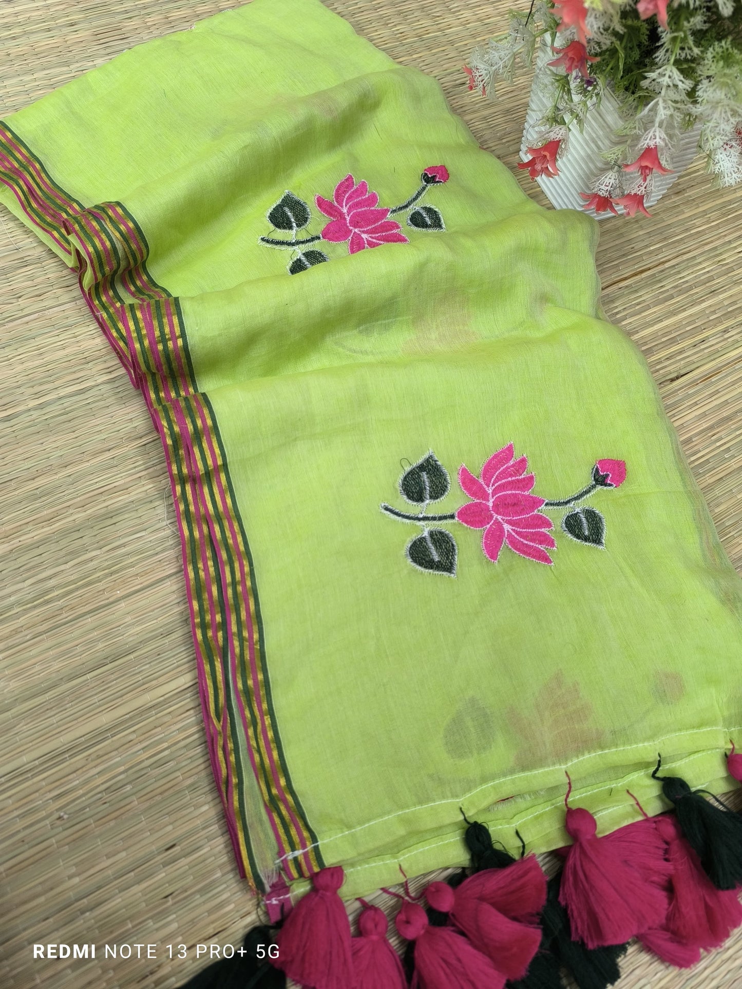 Pista Green Embroidered Mul Cotton Saree