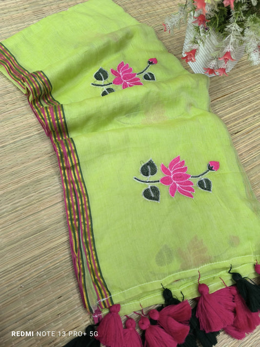 Pista Green Embroidered Mul Cotton Saree