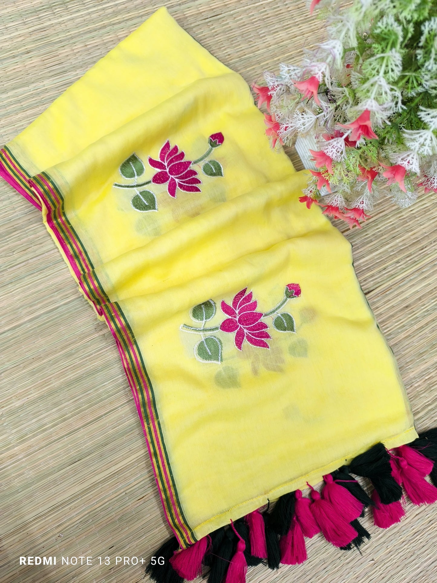 Yellow Embroidered Mul Cotton Saree