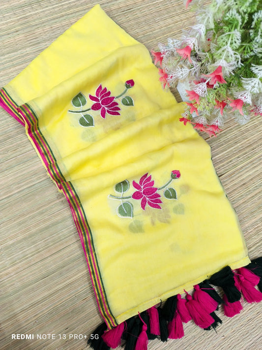 Yellow Embroidered Mul Cotton Saree