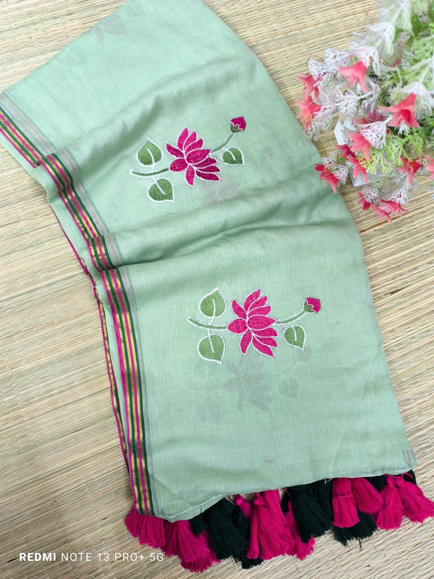 Pastel Blue Embroidred Mul Cotton Saree
