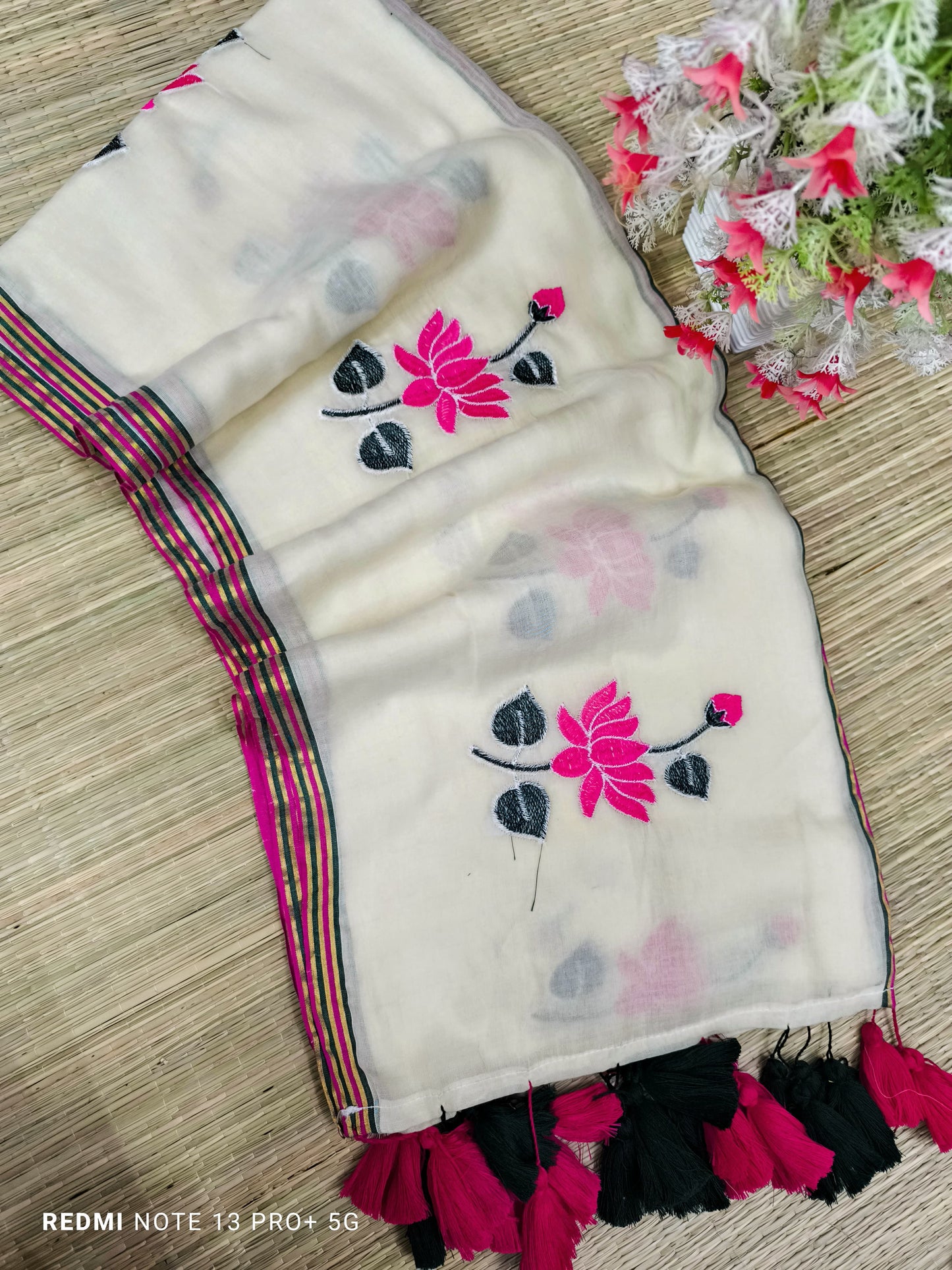White 02 Embroidered Mul Cotton Saree