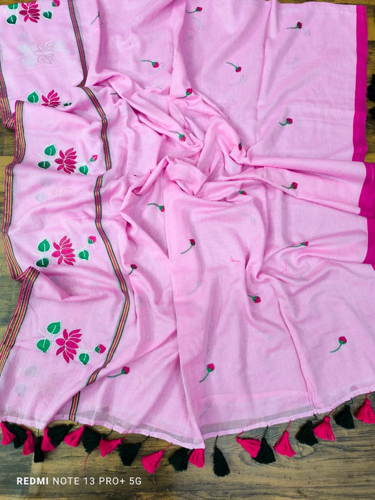 Light Pink Embroidered Mul Cotton Saree