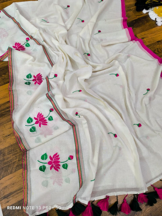 White 02 Embroidered Mul Cotton Saree
