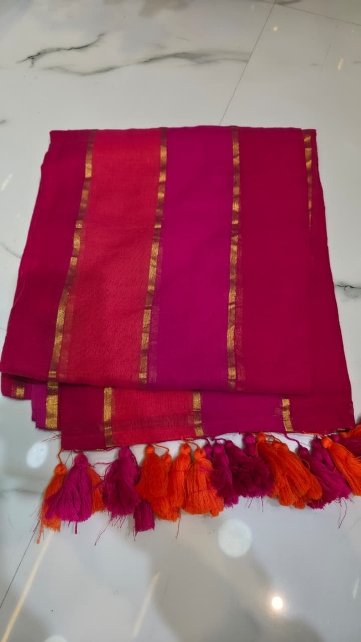 Orange N Pink Zari Stripe Mul Cotton Saree
