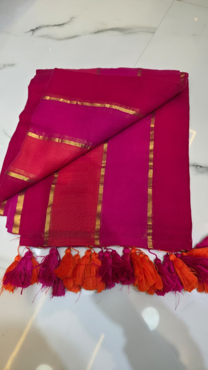 Orange N Pink Zari Stripe Mul Cotton Saree