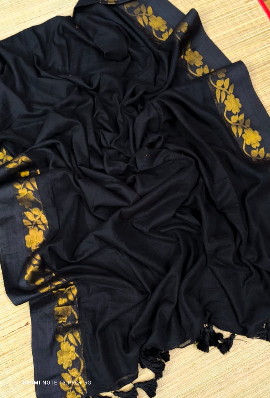 Black Zari Border Mul Cotton Saree