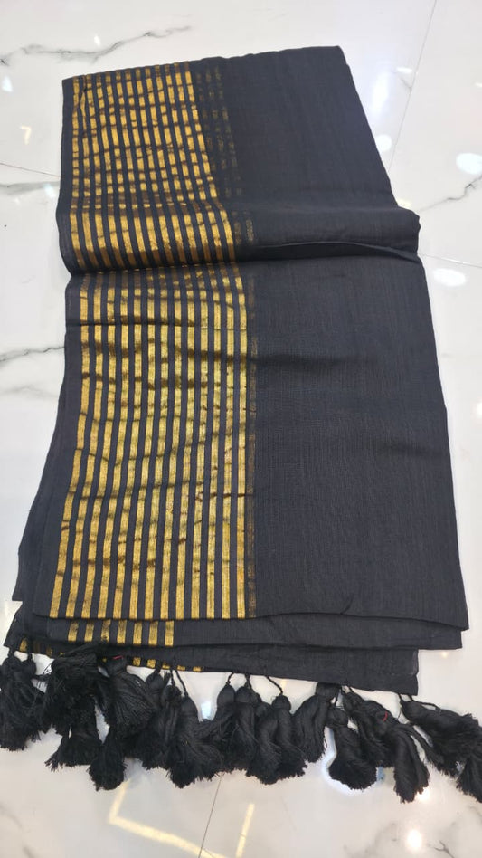 Black  Zari Border Mul Cotton Saree