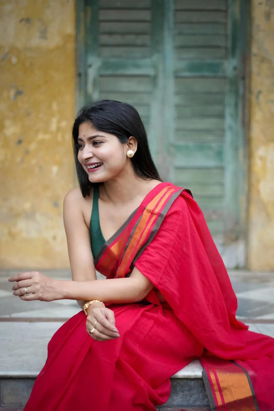 Red Zari Border Mul Cotton Saree