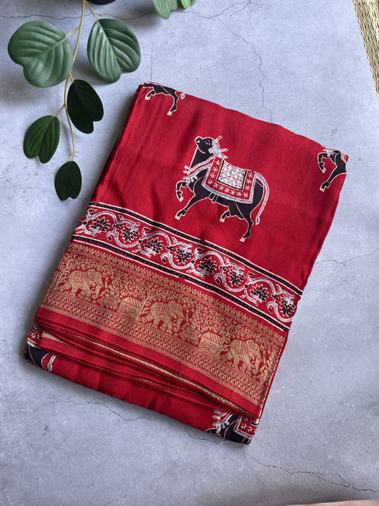 Red Cow Ajrakh Handblock Dola Silk Saree