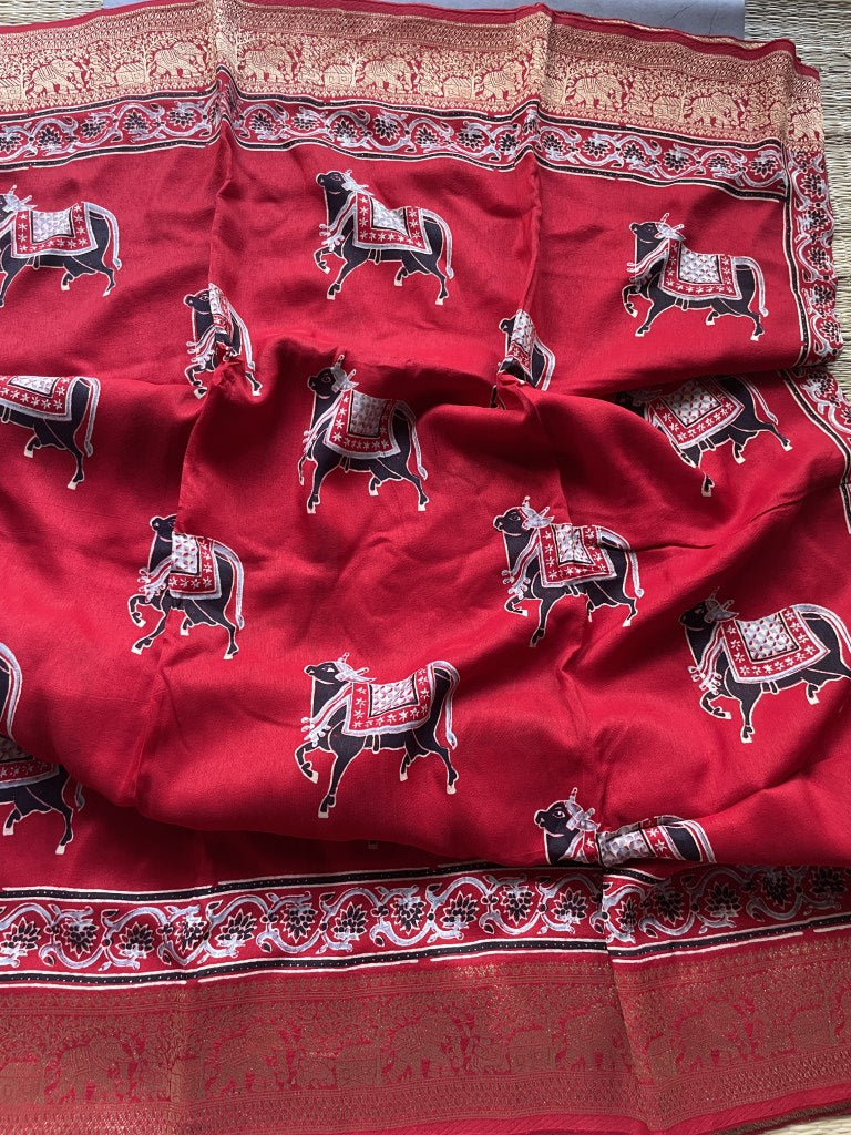 Red Cow Ajrakh Handblock Dola Silk Saree