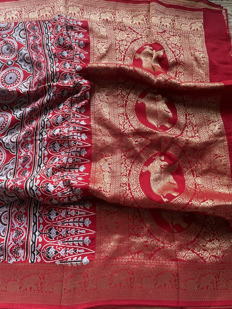 Red Cow Ajrakh Handblock Dola Silk Saree