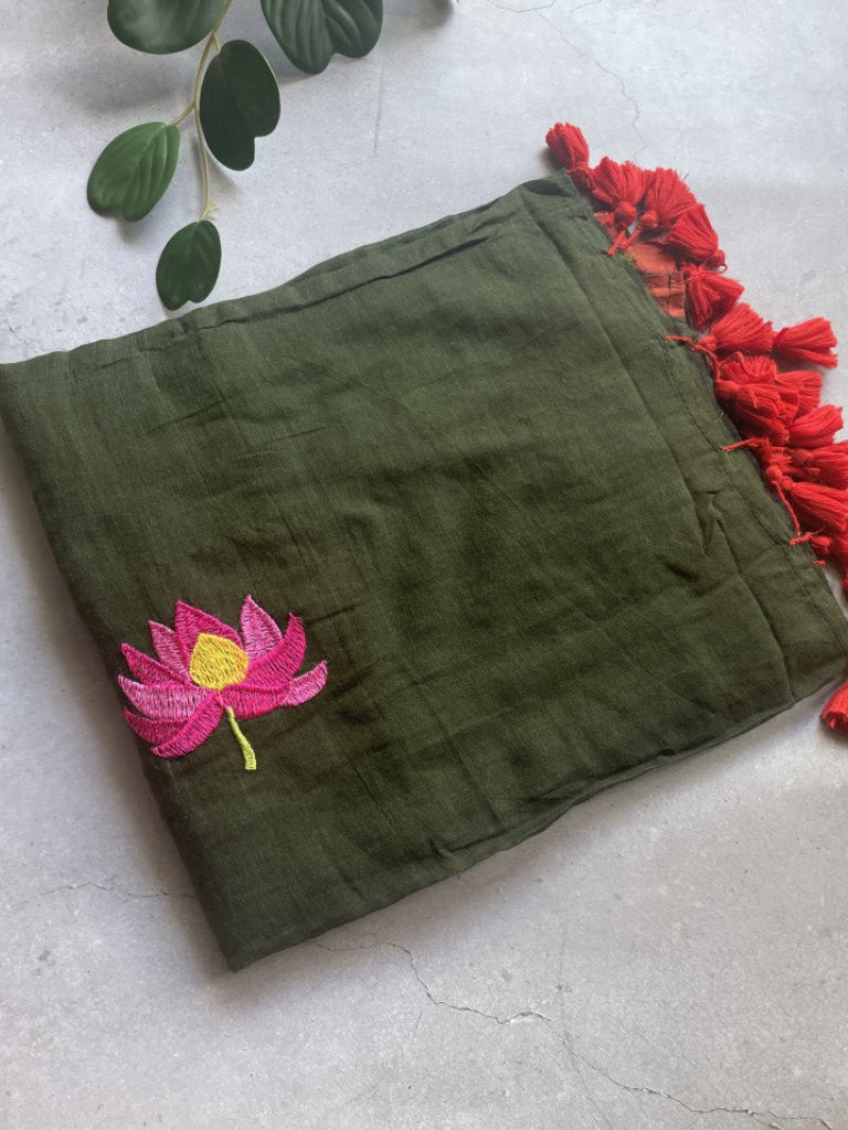 Green Lotus Embroidery Mul Cotton Saree