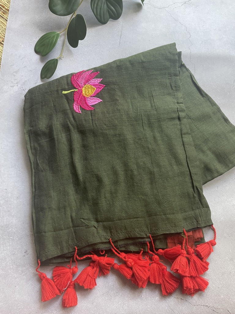 Green Lotus Embroidery Mul Cotton Saree