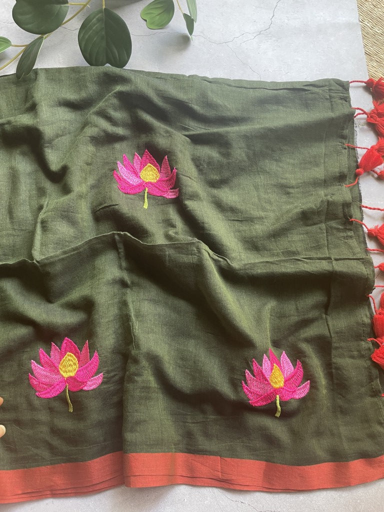 Green Lotus Embroidery Mul Cotton Saree
