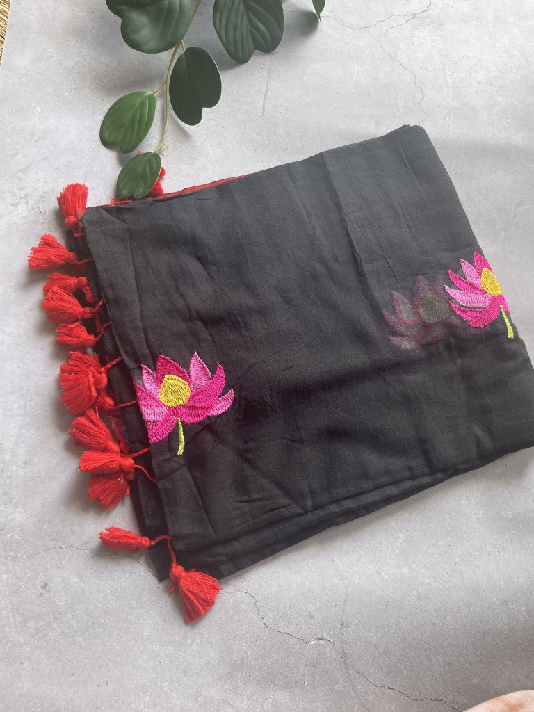 Black Lotus Embroidery Mul Cotton Saree