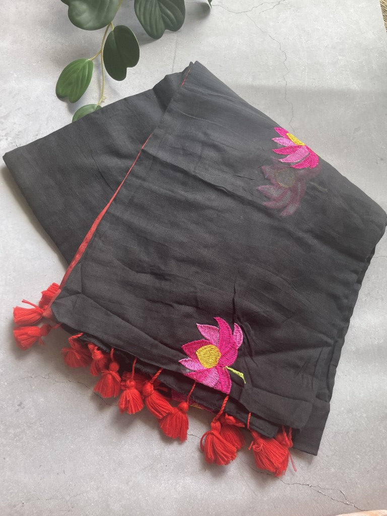 Black Lotus Embroidery Mul Cotton Saree