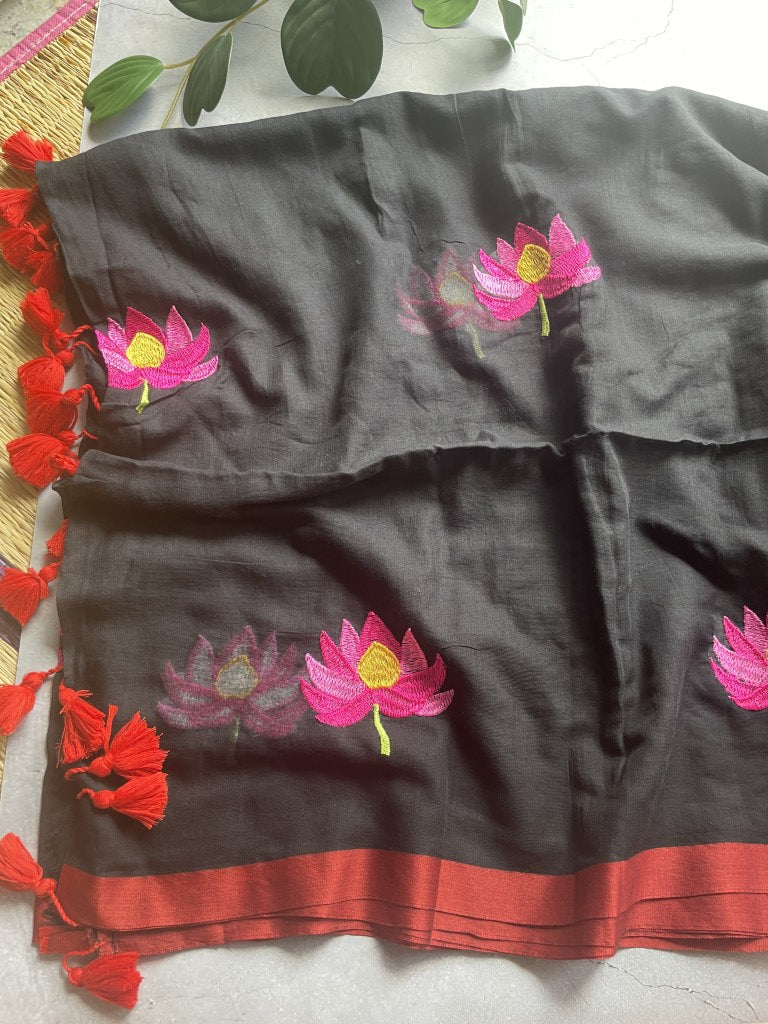 Black Lotus Embroidery Mul Cotton Saree