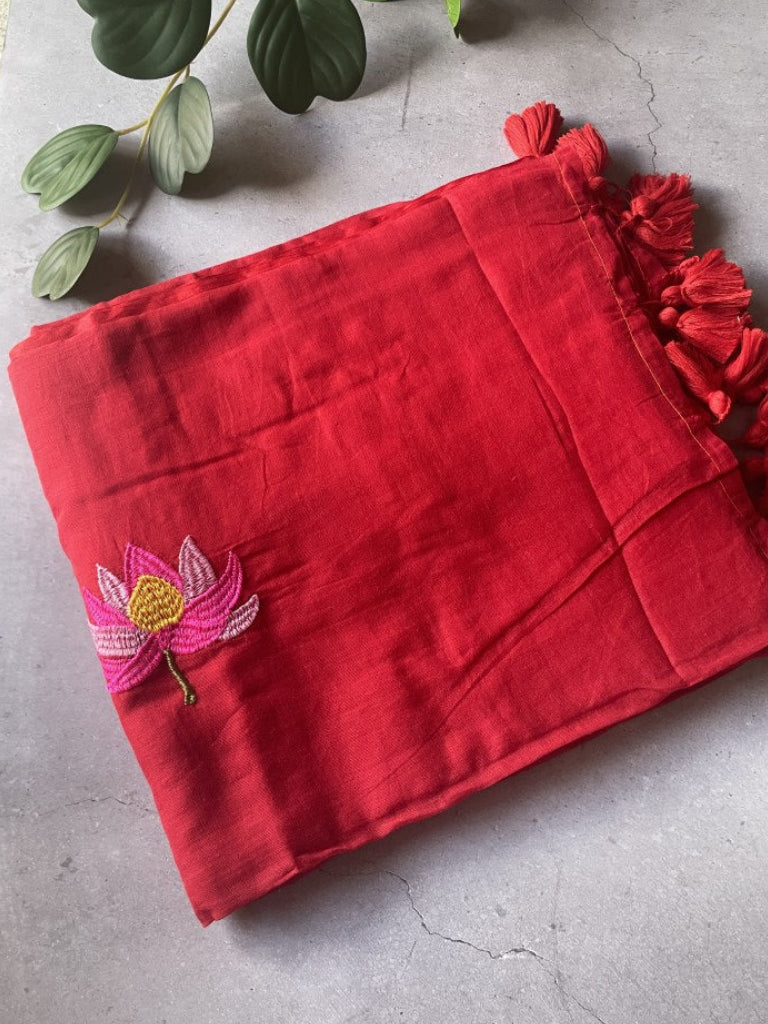 Red Lotus Embroidery Mul Cotton Saree