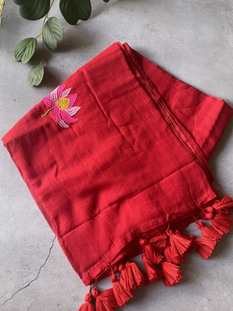 Red Lotus Embroidery Mul Cotton Saree