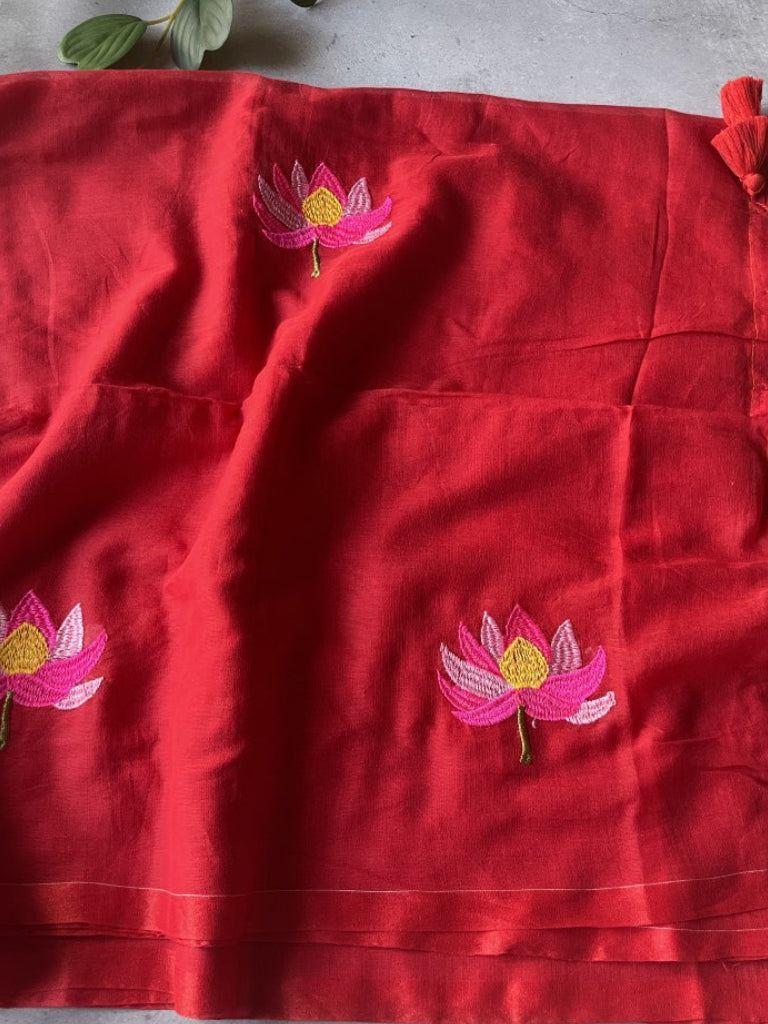 Red Lotus Embroidery Mul Cotton Saree