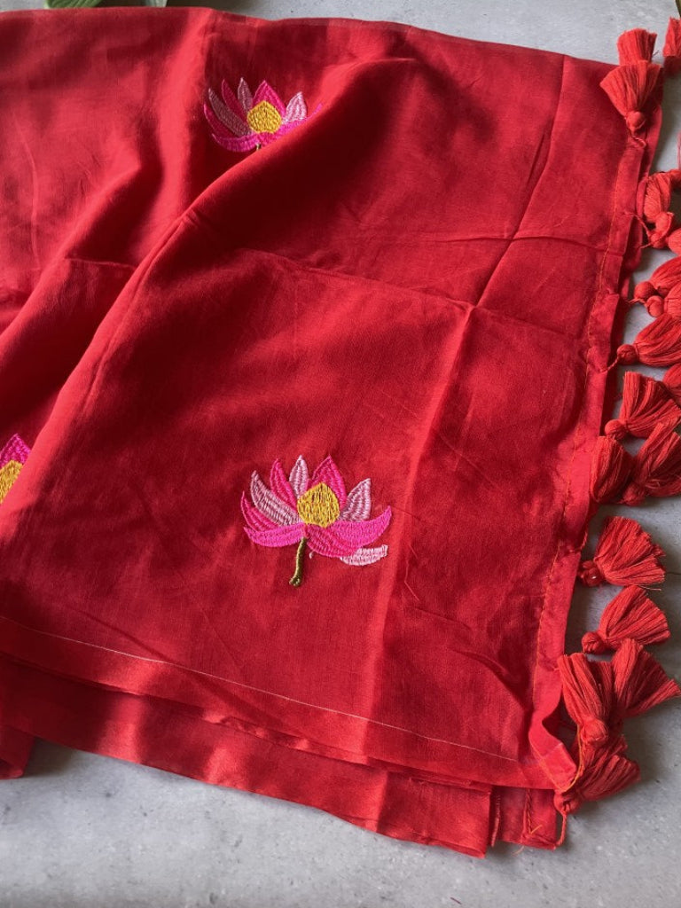 Red Lotus Embroidery Mul Cotton Saree