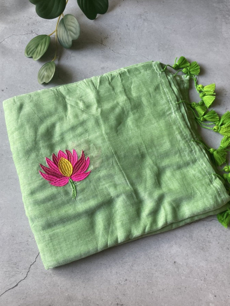 Pista Green Lotus Embroidery Mul Cotton Saree
