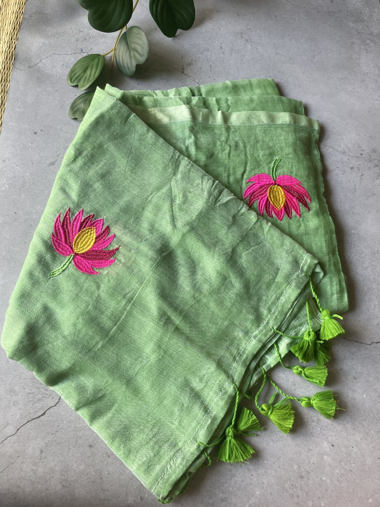 Pista Green Lotus Embroidery Mul Cotton Saree