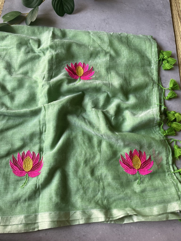 Pista Green Lotus Embroidery Mul Cotton Saree