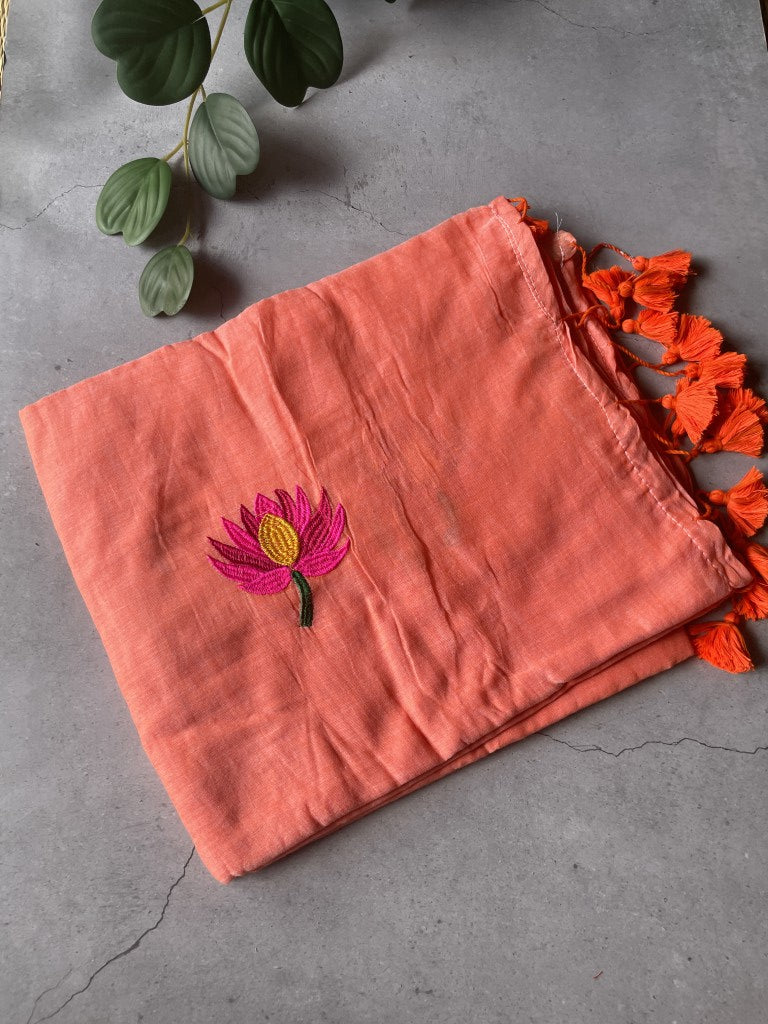Peach Lotus Embroidery Mul Cotton Saree