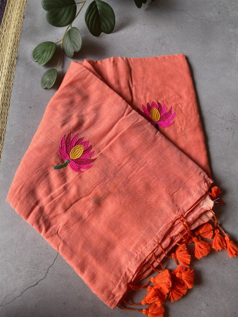 Peach Lotus Embroidery Mul Cotton Saree