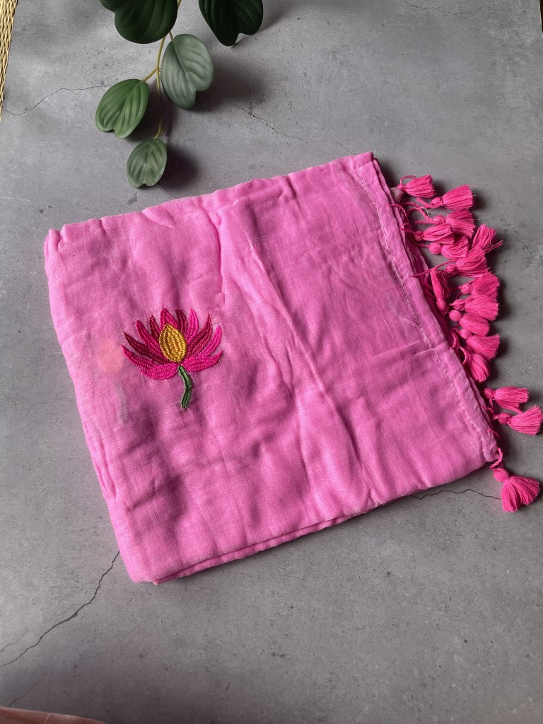 Light Pink Lotus Embroidery Mul Cotton Saree