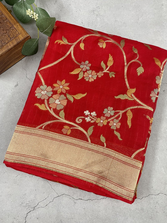 Red Floral Meenakari Soft Organza Saree
