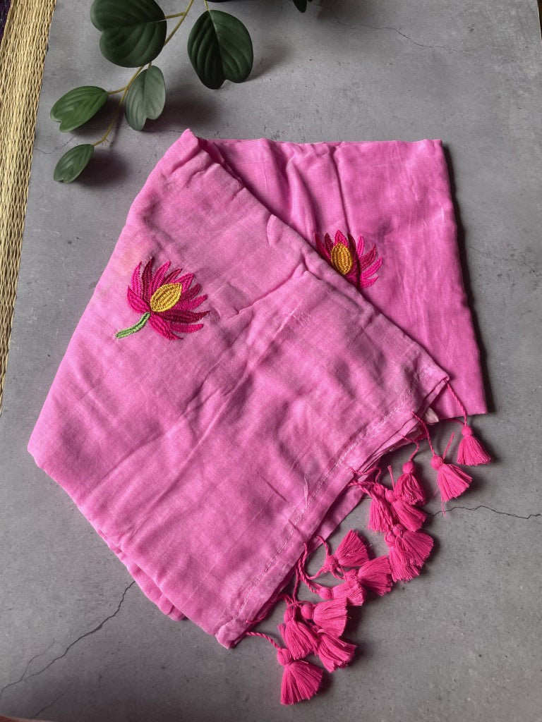Light Pink Lotus Embroidery Mul Cotton Saree