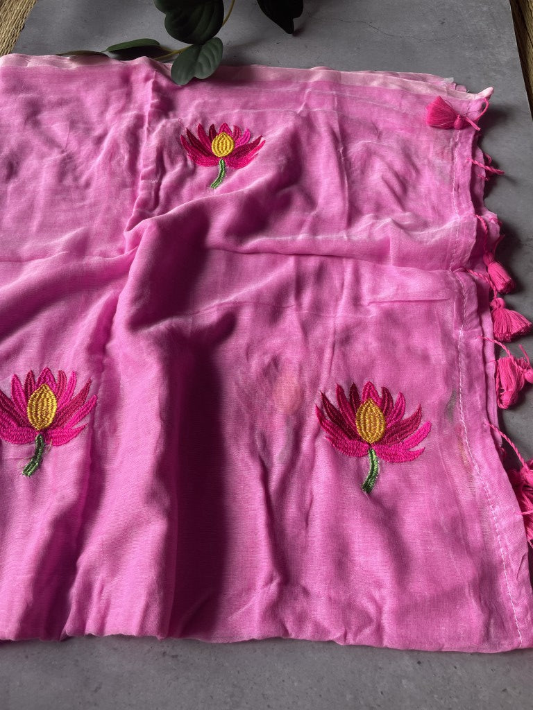 Light Pink Lotus Embroidery Mul Cotton Saree