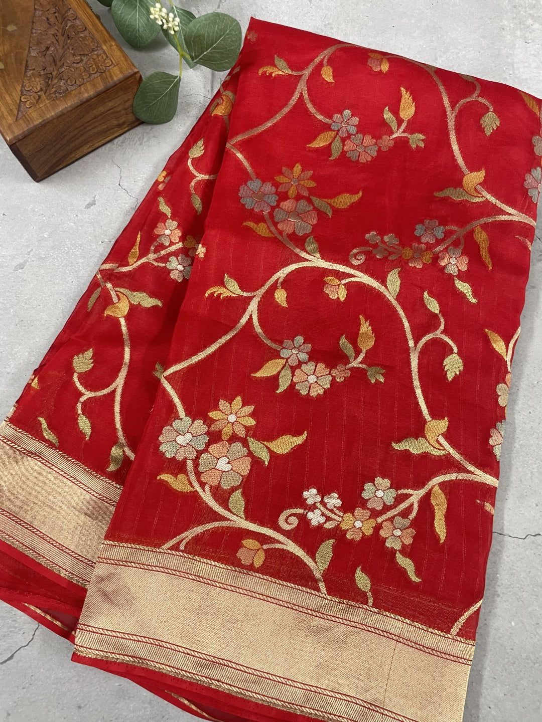 Red Floral Meenakari Soft Organza Saree