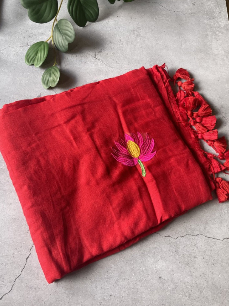 Red Lotus Embroidery Mul Cotton Saree