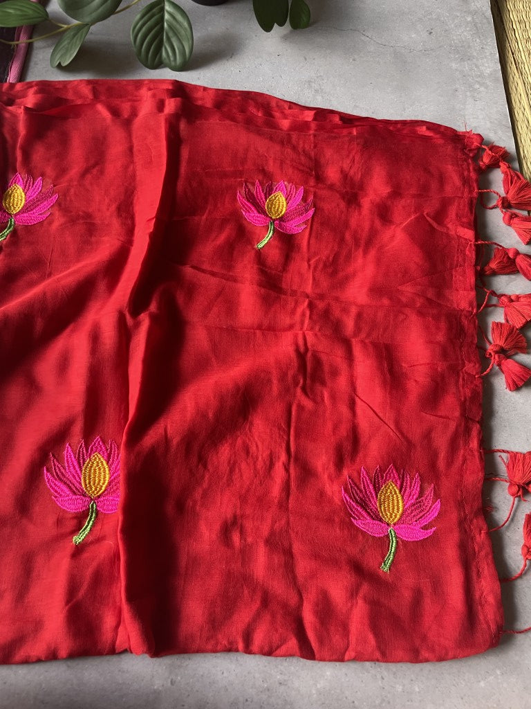 Red Lotus Embroidery Mul Cotton Saree