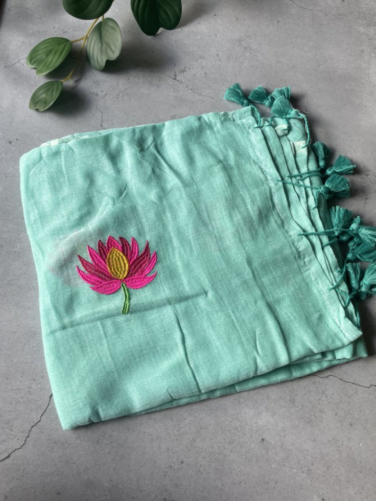 Blue Lotus Embroidery Mul Cotton Saree