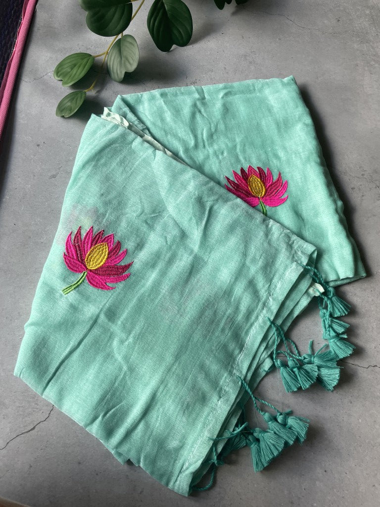 Blue Lotus Embroidery Mul Cotton Saree