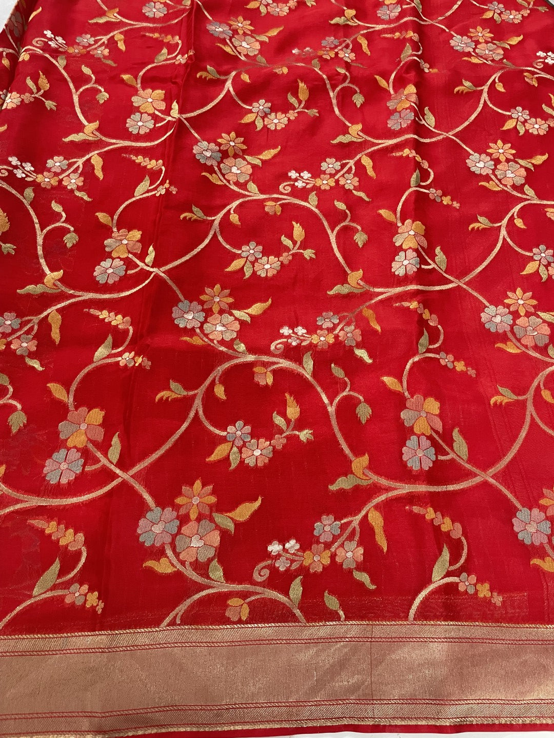 Red Floral Meenakari Soft Organza Saree