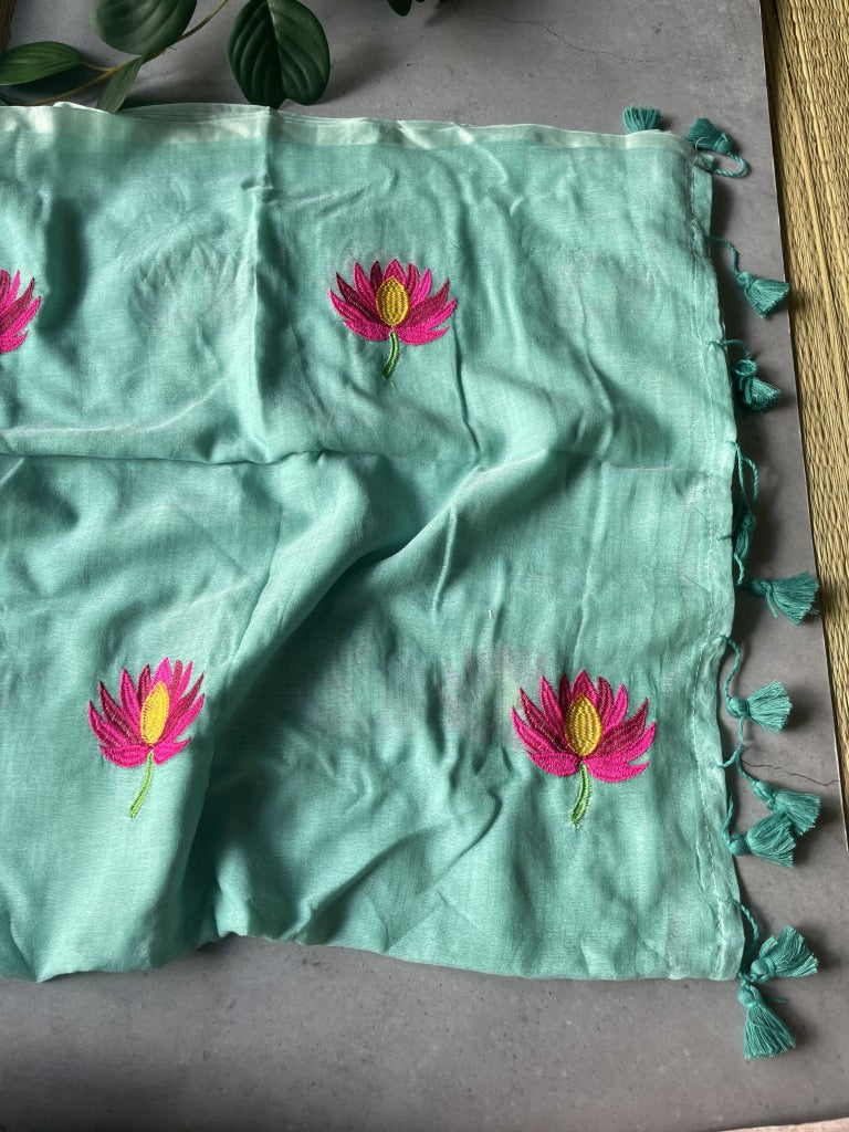 Blue Lotus Embroidery Mul Cotton Saree