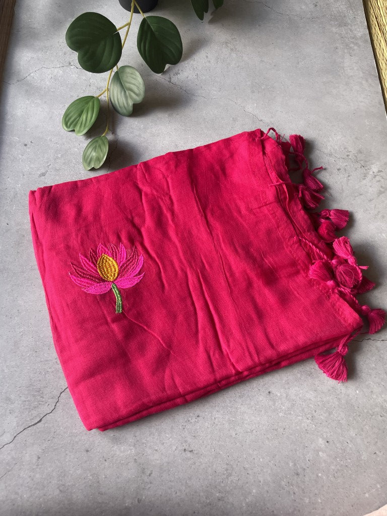 Pink Lotus Embroidery Mul Cotton Saree