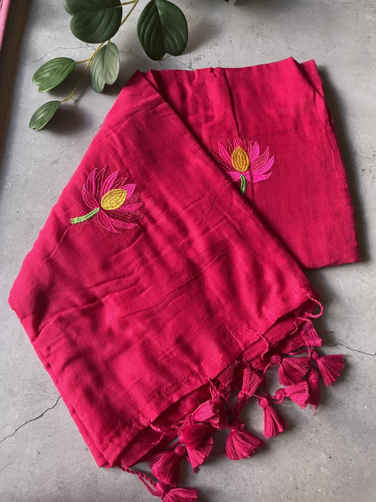 Pink Lotus Embroidery Mul Cotton Saree