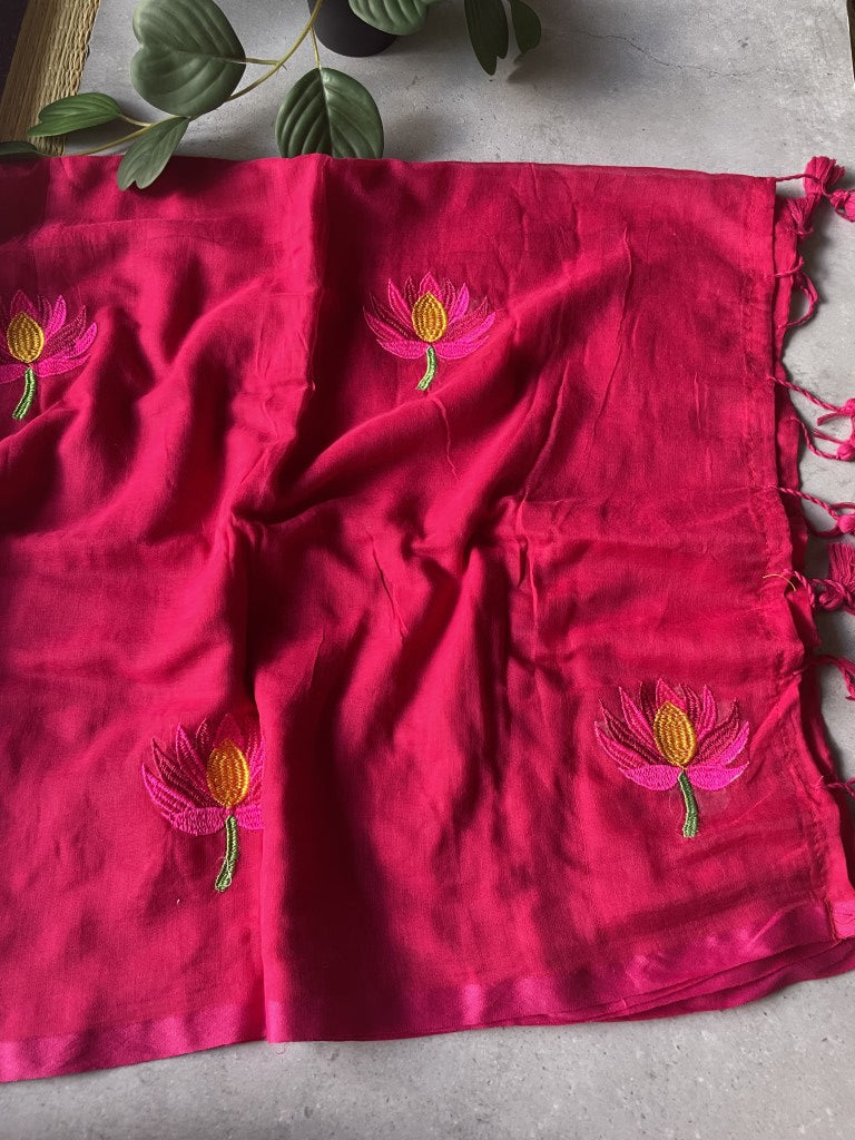Pink Lotus Embroidery Mul Cotton Saree